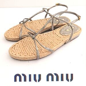 Mui Mui PRADA Silver Leather T Strap Flat Espadrille Sandal 38.5 US 8-8.5